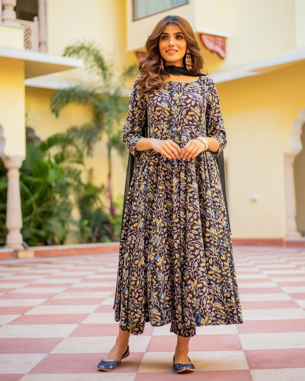 Black Orange Bagru Print Dress Set