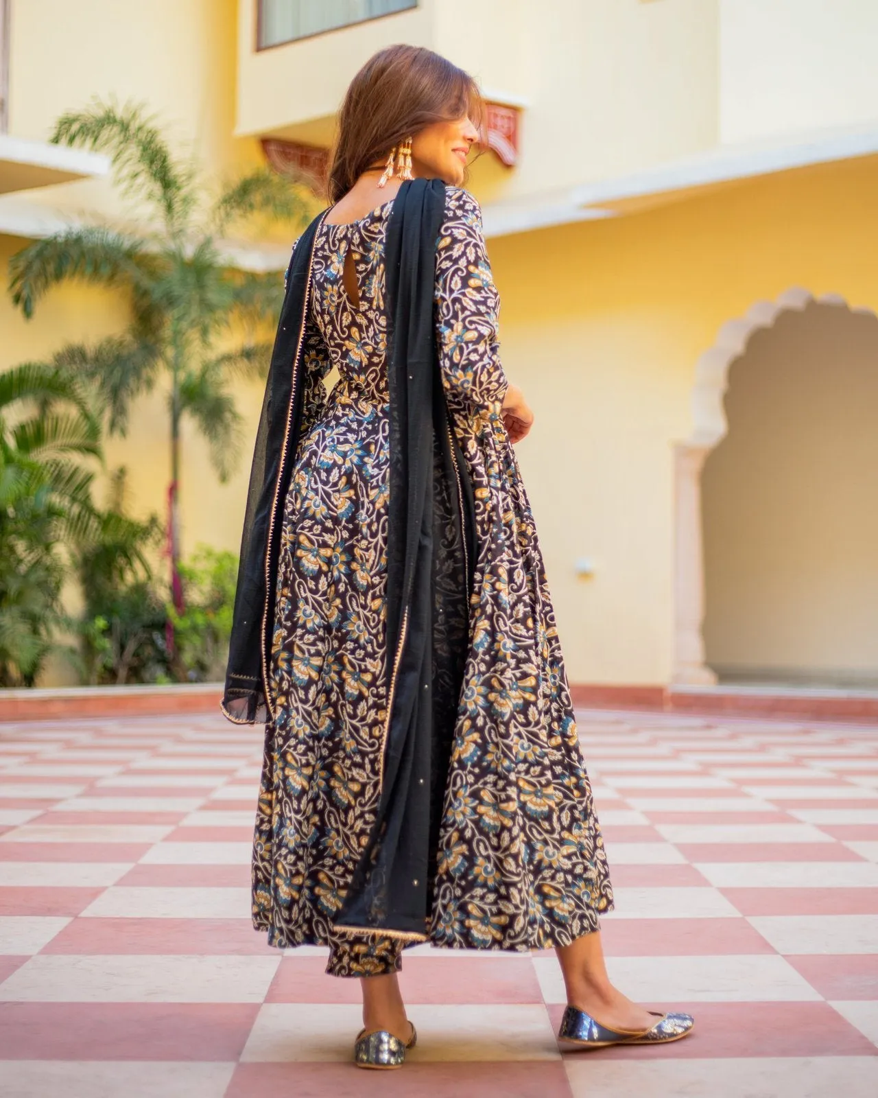 Black Orange Bagru Print Dress Set
