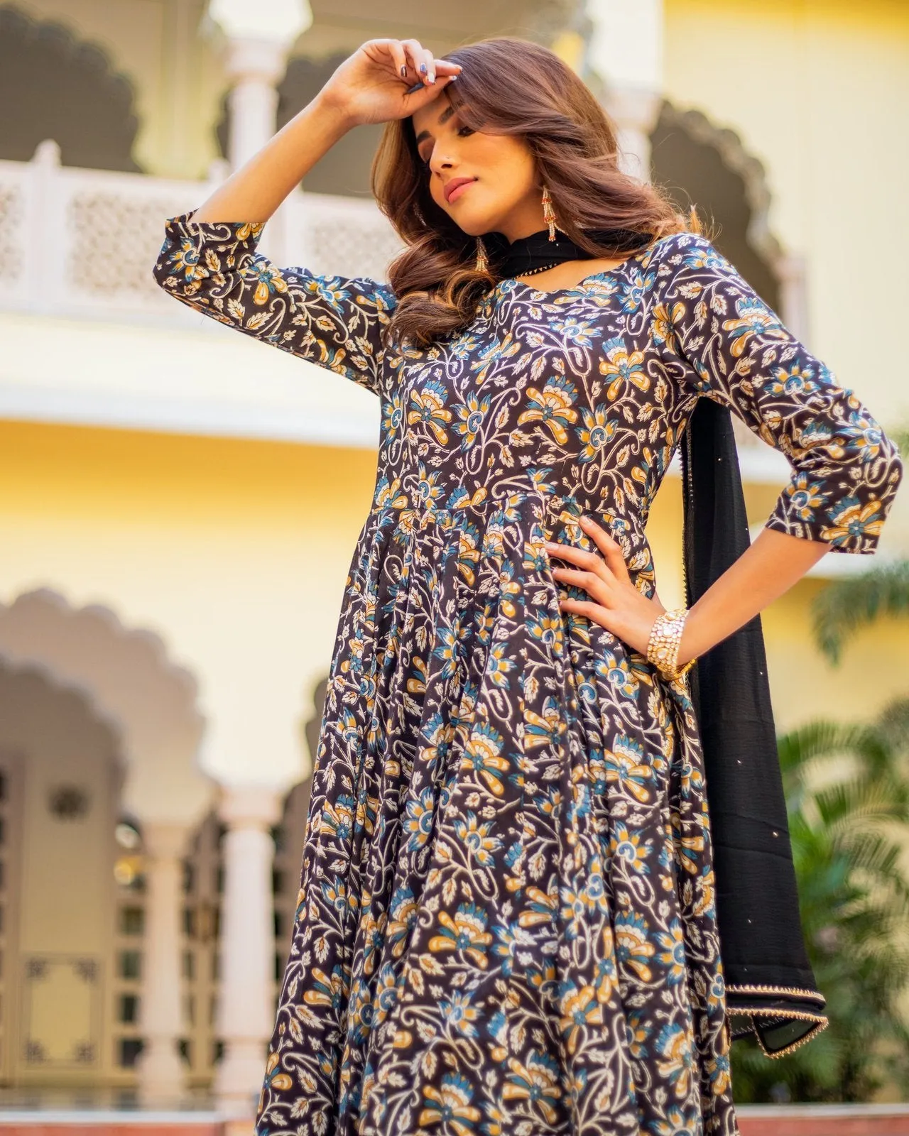 Black Orange Bagru Print Dress Set