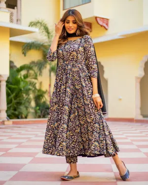 Black Orange Bagru Print Dress Set