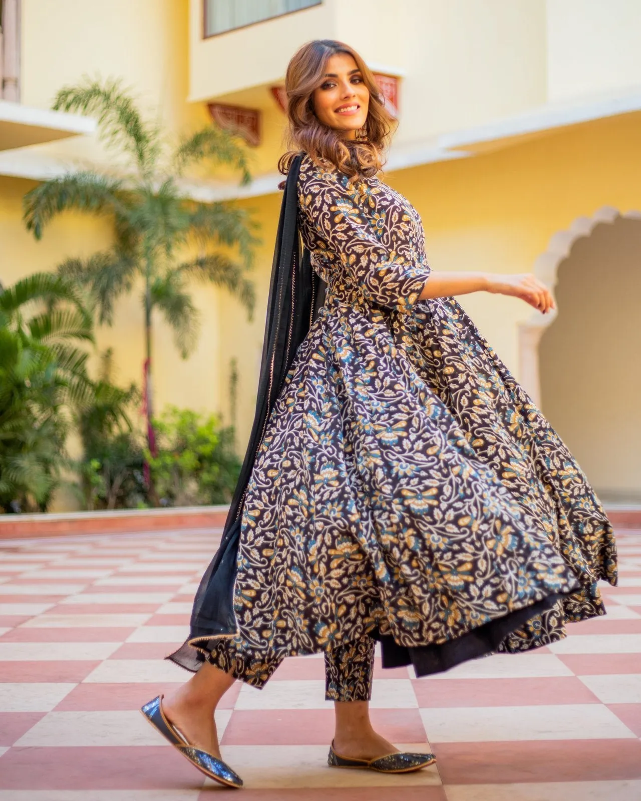 Black Orange Bagru Print Dress Set