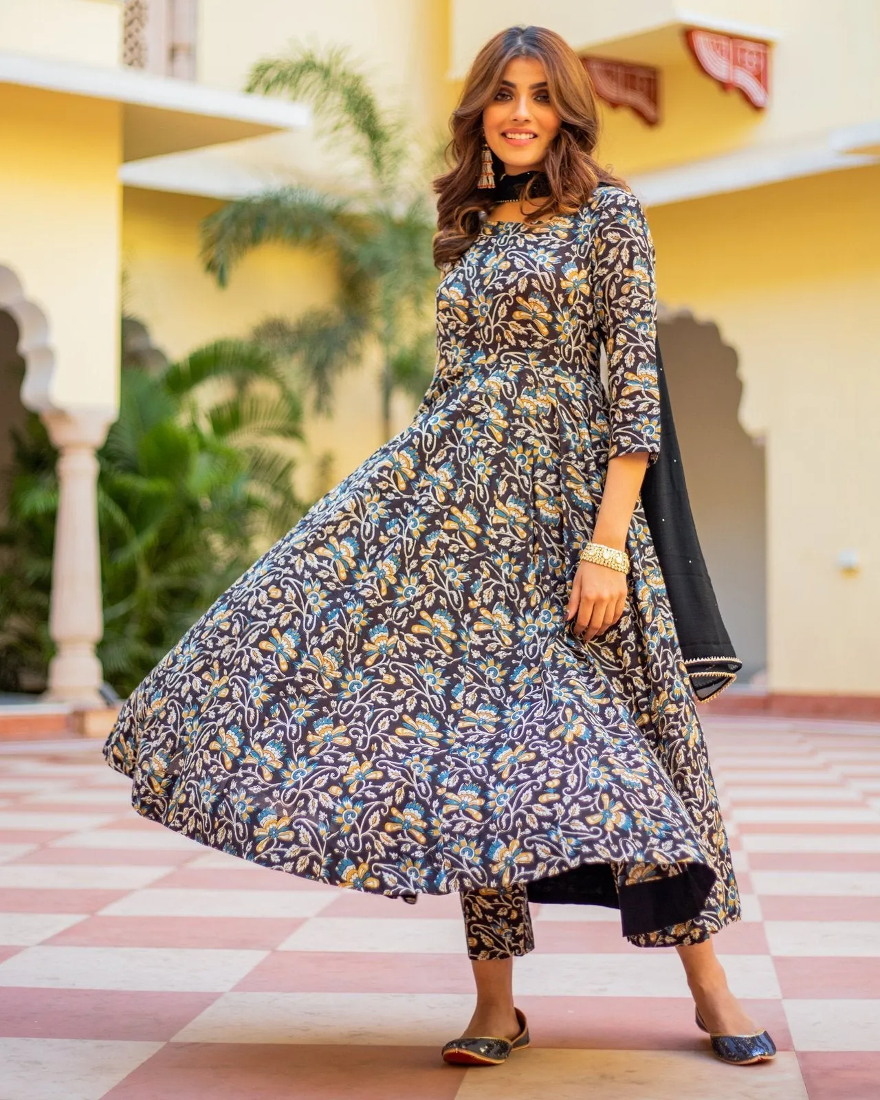 Black Orange Bagru Print Dress Set