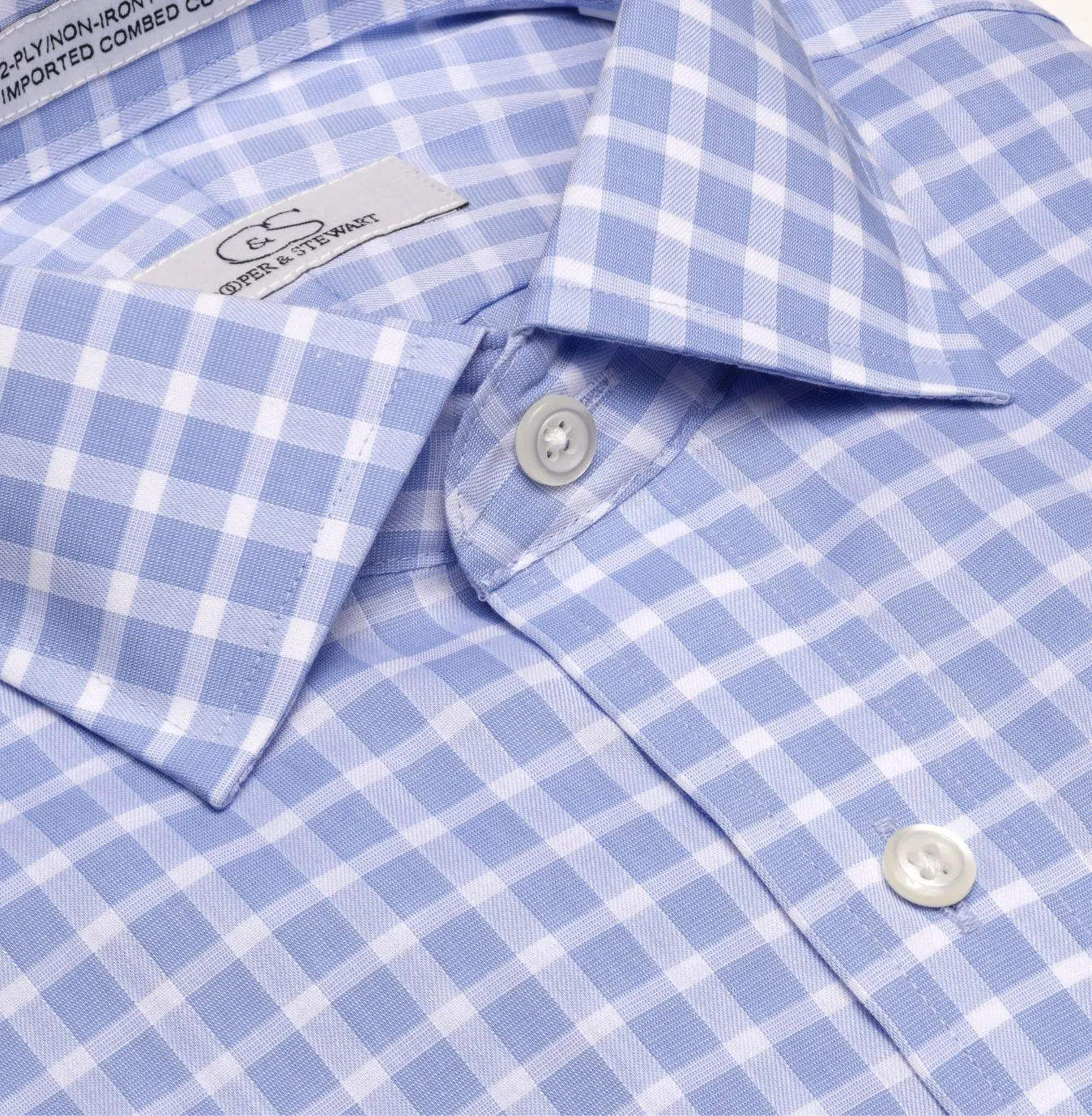 Blue Text Dobby Check Wrinkle-Free Cotton Dress Shirt with Spread Collar (Tailored & Tailored Tall Fits) by Cooper & Stewart