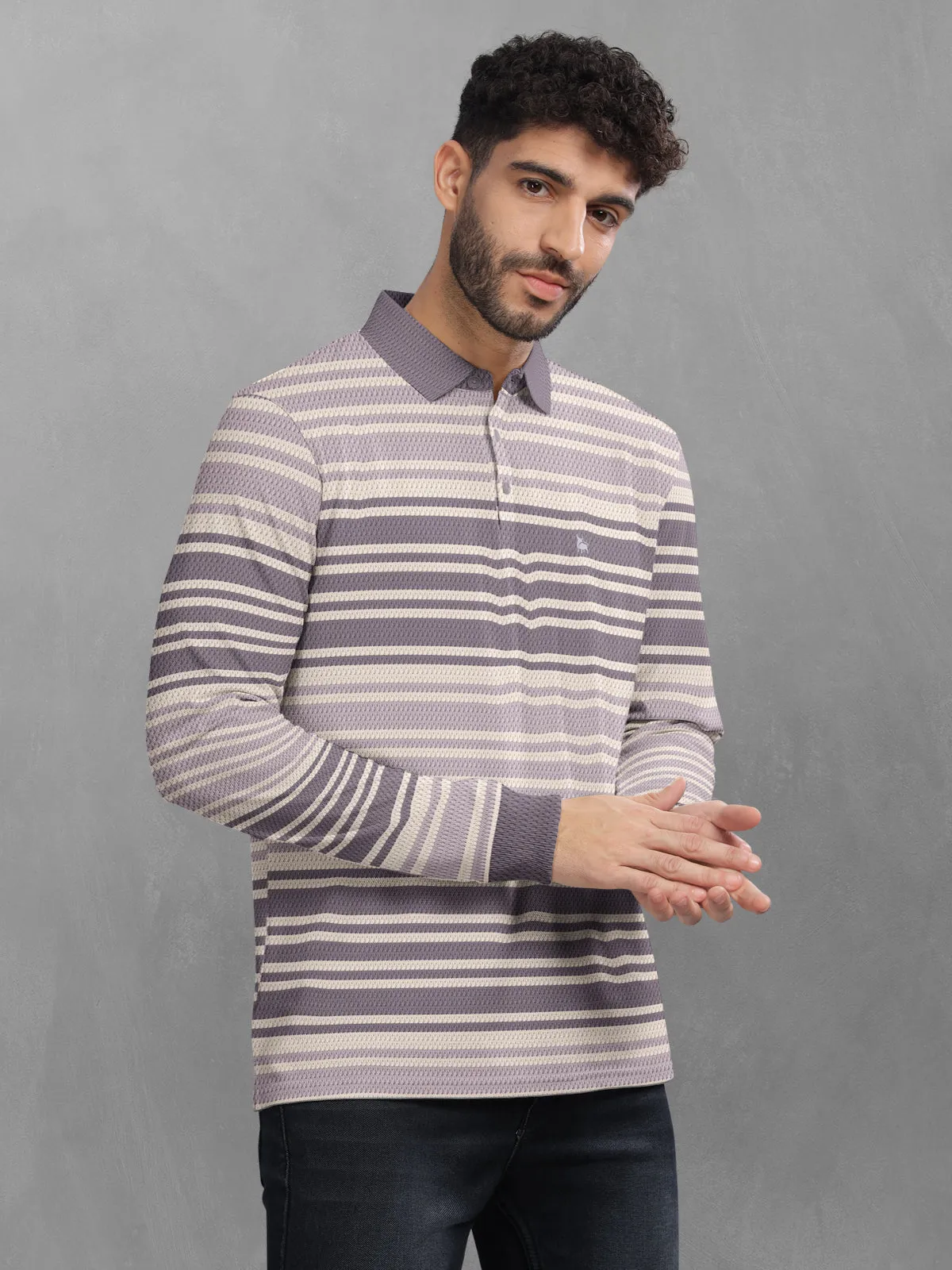 BULLMER Purple Striped Textured Printed Polo Neck FullSleeve T-shirt With Rib For Men