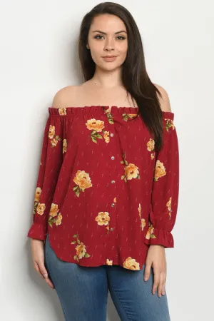 Burgundy Floral Plus Size Cold Shoulder Top
