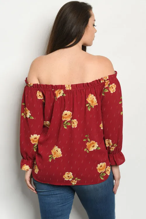 Burgundy Floral Plus Size Cold Shoulder Top