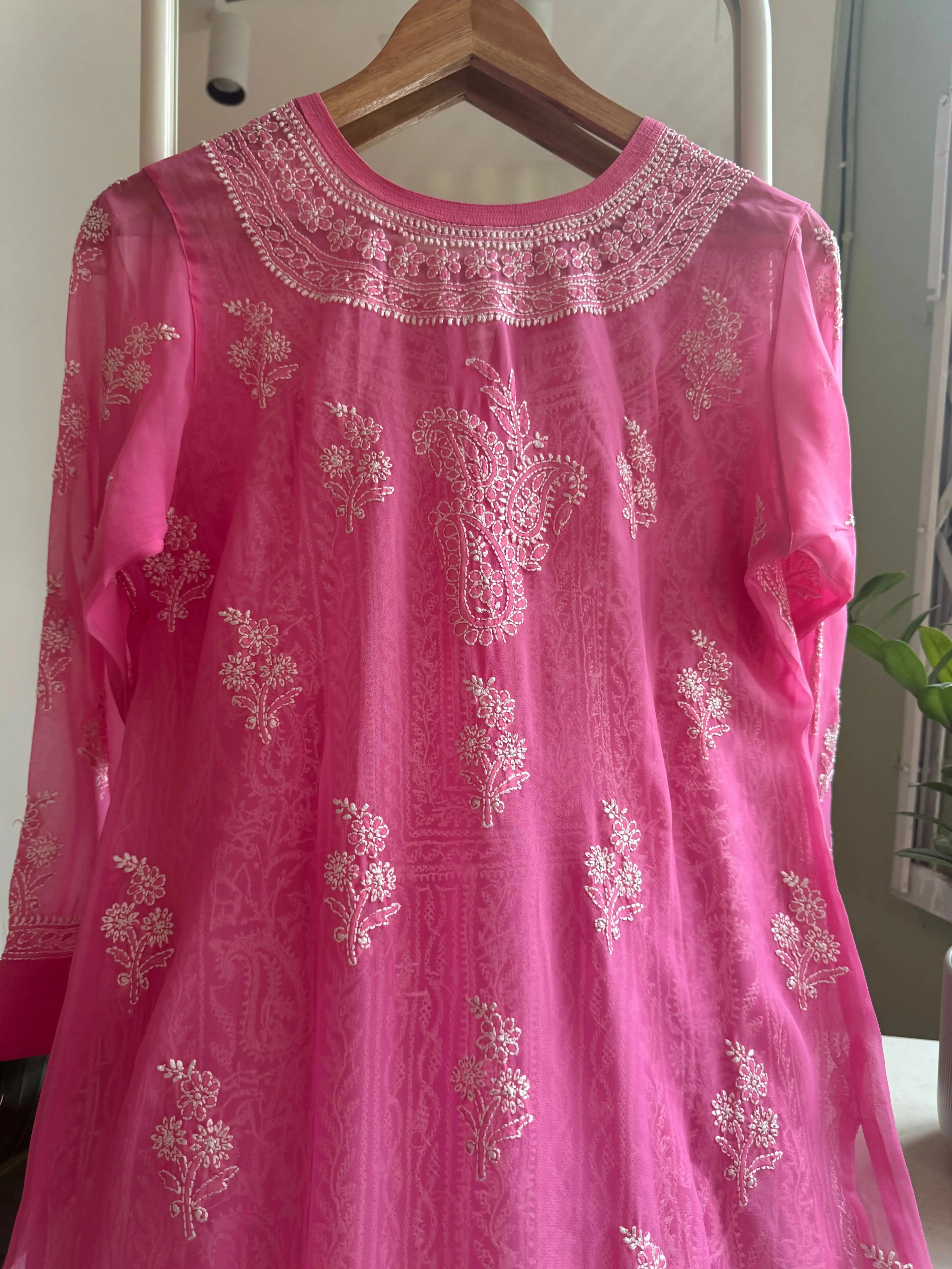 Chikankari Resham Jaal Kurti -  Hot Pink