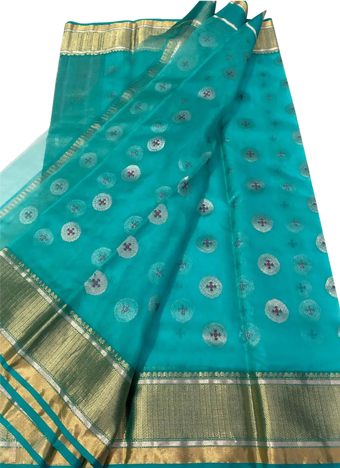 Elegant Blue Chanderi Handloom  Katan Organza Silk Saree