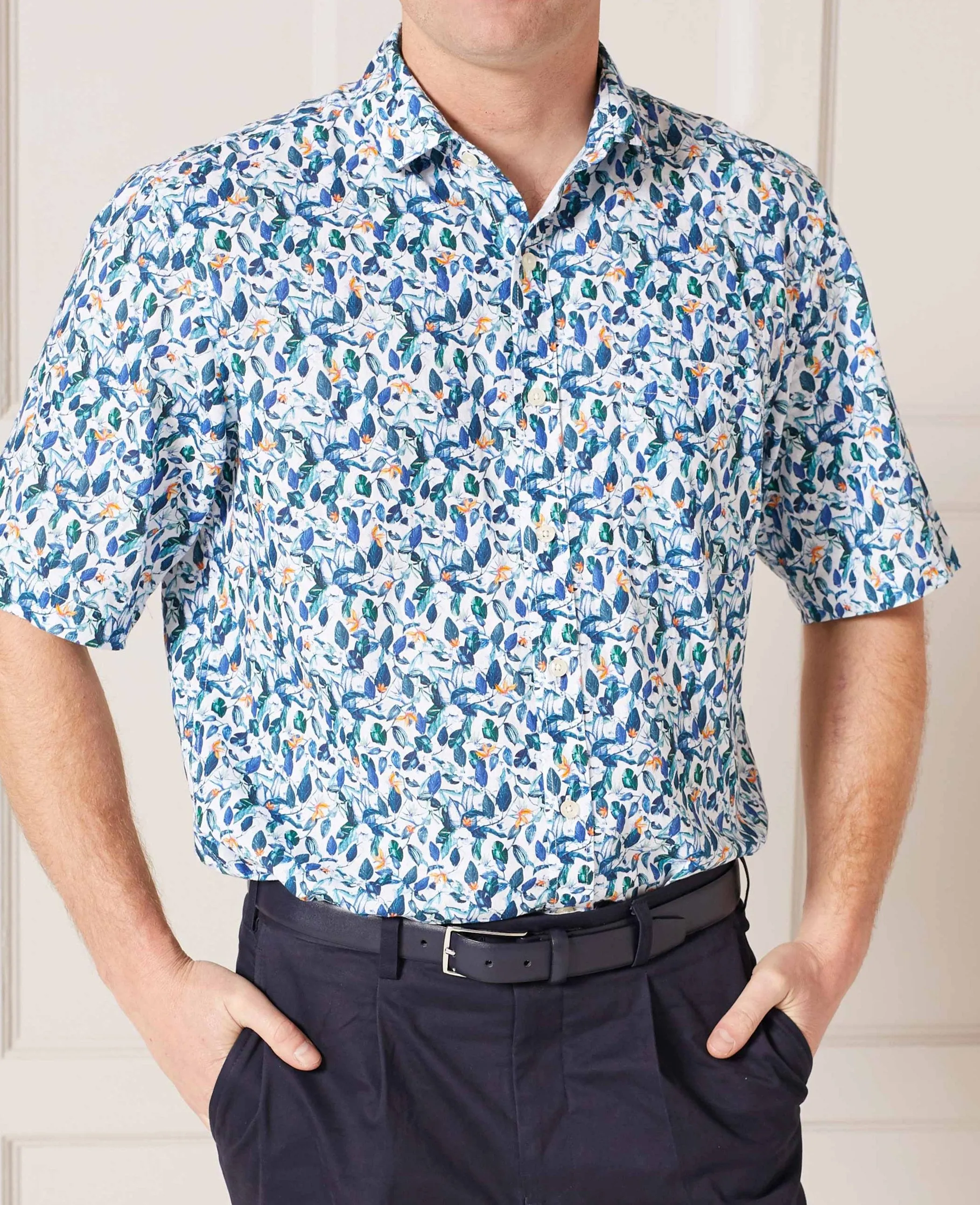 Floral Print Linen-Blend Short Sleeve Shirt