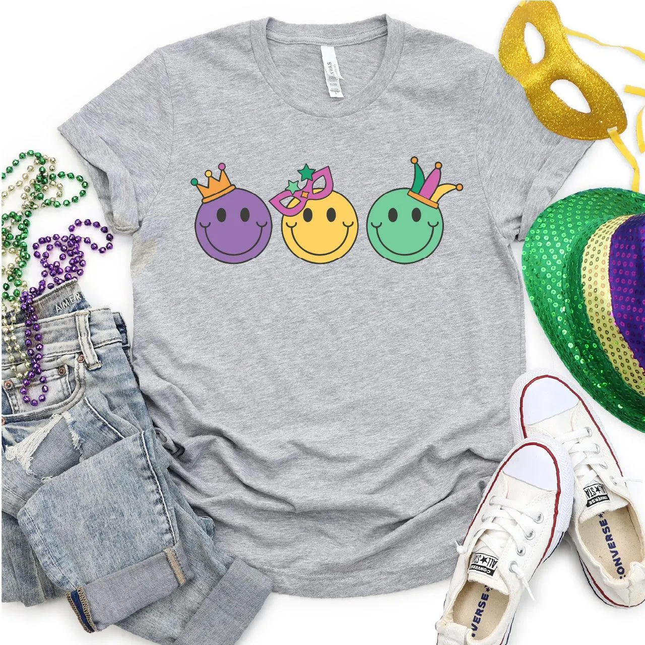 Mardi Gras Smiley Faces Graphic Tshirt Print, T-Shirt Tshirt