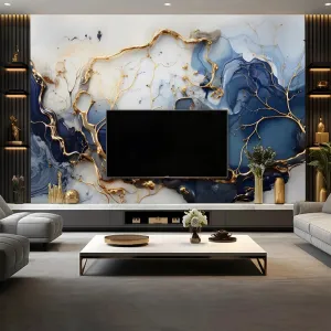 Modern 3D Marble Golden Blue Wallpaper